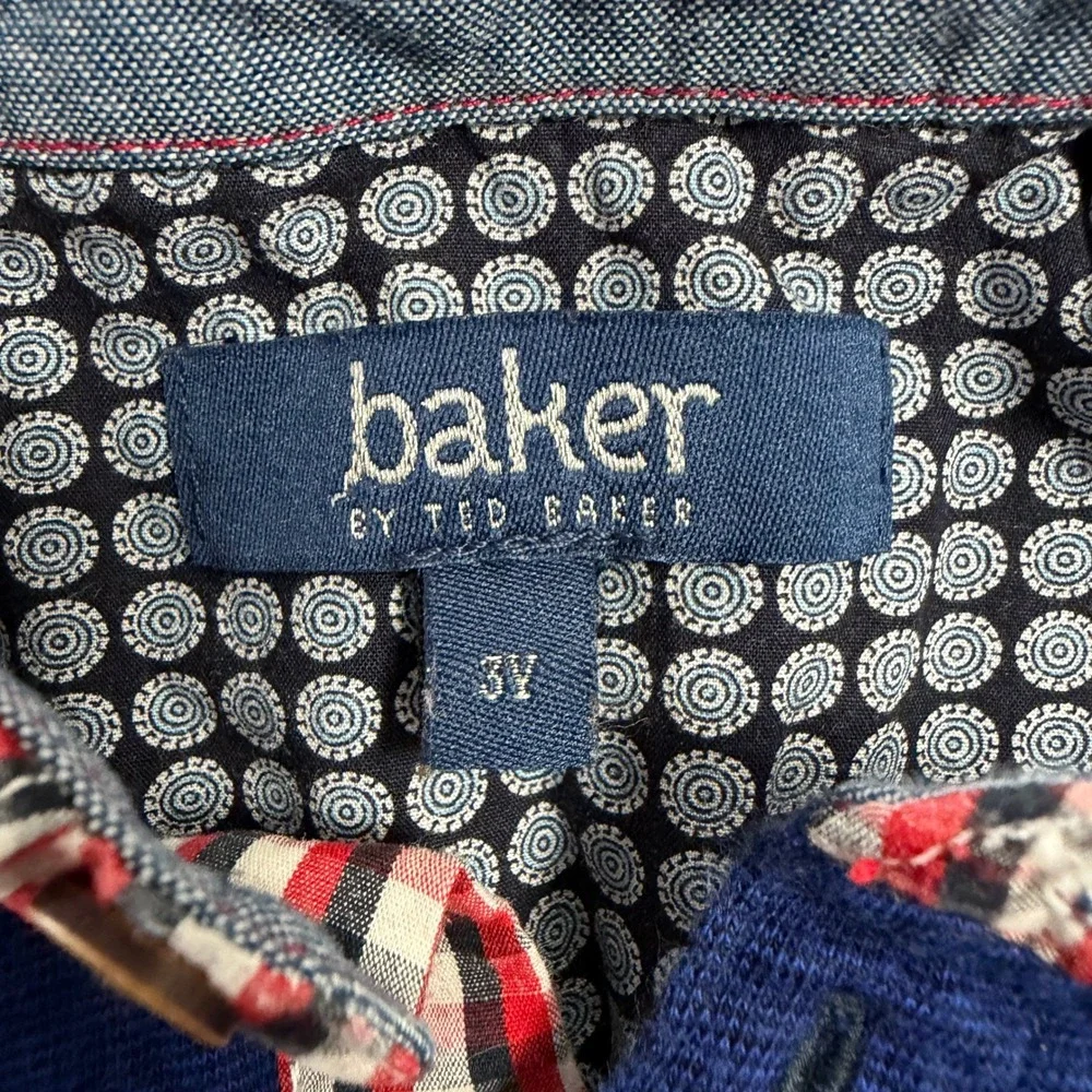 Baker by Ted Baker Boys Navy Blue Gingham Collar Long Sleeve Polo Shirt Size 3Y